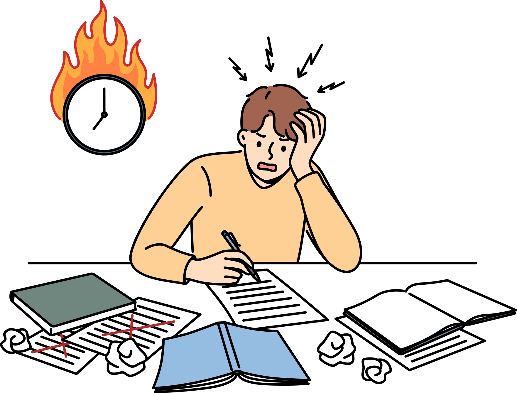 Excited man student is writing thesis and panicking because of deadline, sitting at table near burning clock. Guy student needs help filling out application or test for admission to university.